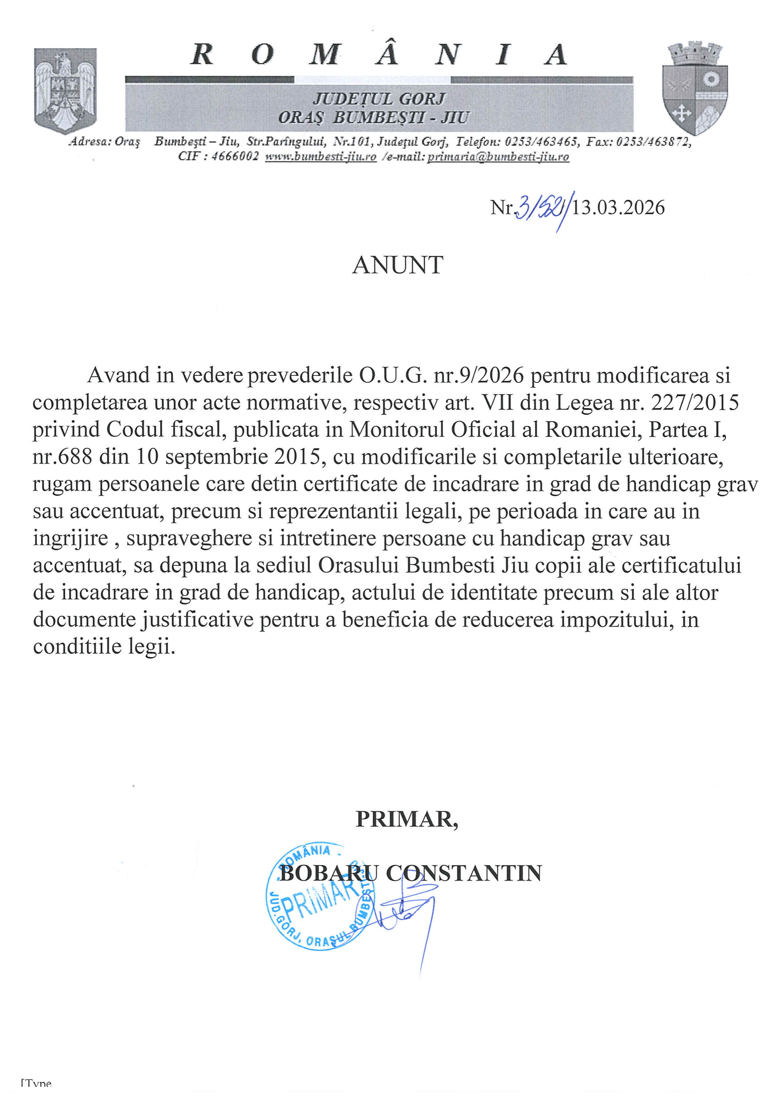 Anunt depunere documente persoane incadrate in grad de handicap 001